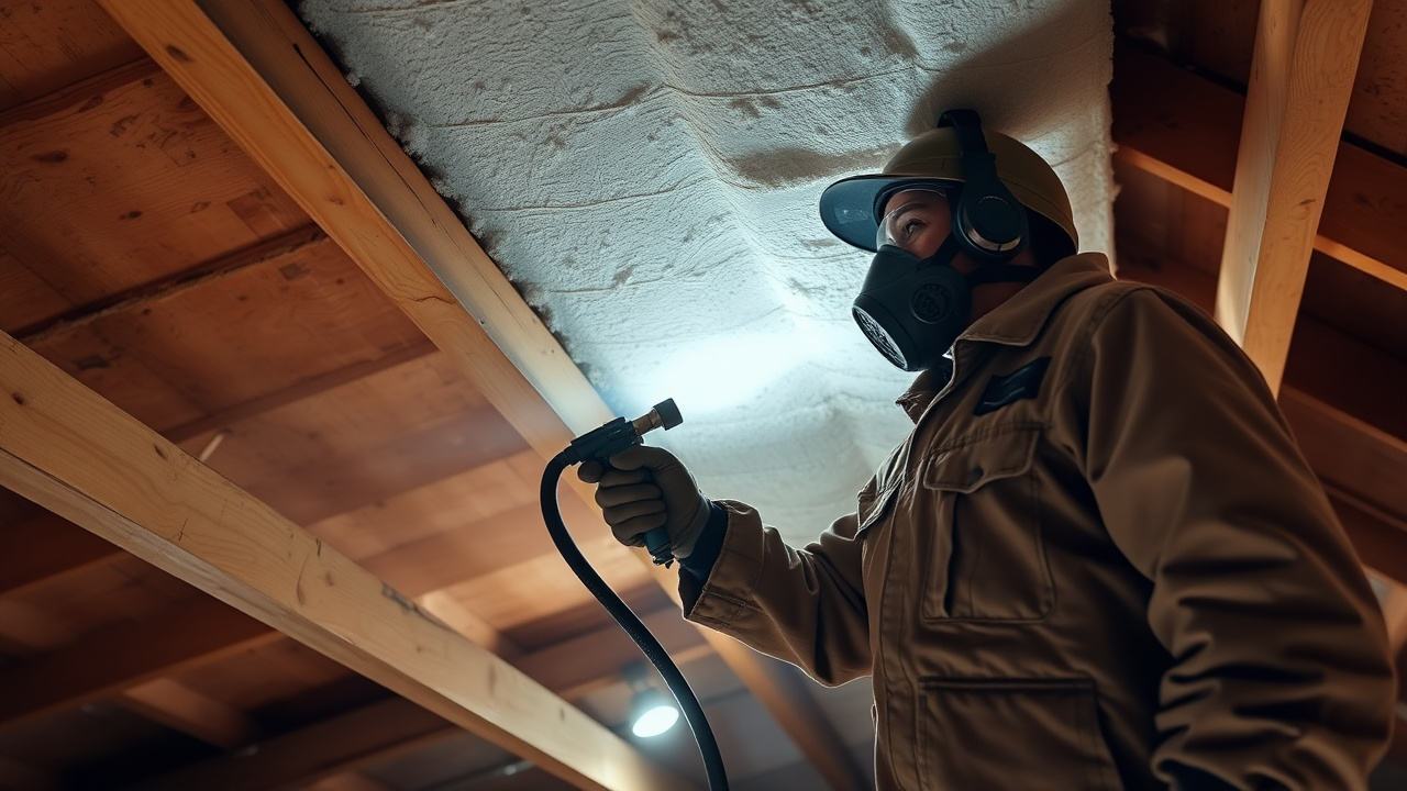 Technician spray-applying closed-cell spray foam insulation to a roof deck in a Maricopa, Arizona attic