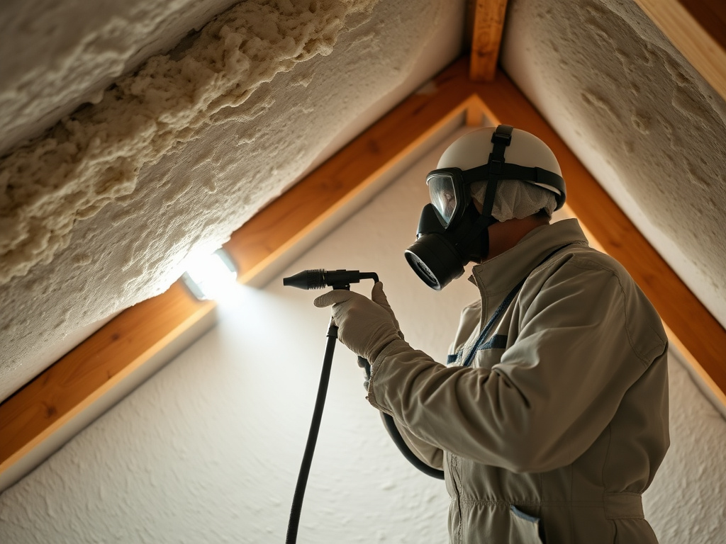 Technician spraying foam insulation onto an attic roof deck